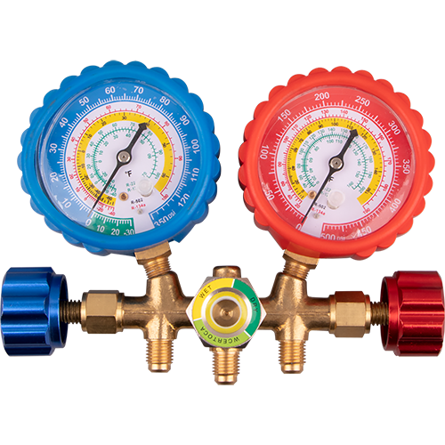 A/C Manifold Gauge, Brass Manifold , Gauge Compatible R22,R12,R502,R134a refrigerant Selection : degree  F / C 