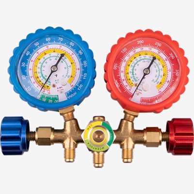 A/C Manifold Gauge, Brass Manifold , Gauge Compatible R22,R12,R502,R134a refrigerant Selection : degree  F / C 
